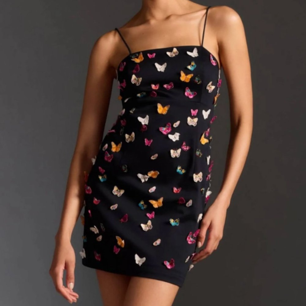 NWT | Anthropologie Maeve 3-D Butterfly Spaghetti-Strap Dress in Black